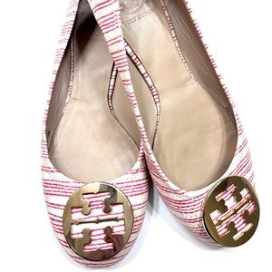 TORY BURCH WOMENS REVA BALLET FLATS RED & WHITE STRIPE WITH GOLD LOGO